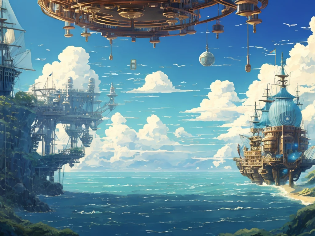 Captura de tela do DVD do filme do Studio Ghibli, lindo interior do observatório steampunk à beira mar, Nuvens no céu azul, desenhado por Hayao Miyazaki, retro anime