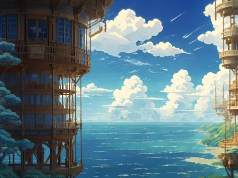 DVD screengrab from studio ghibli movie, beautiful seaside steampunk observatory interior, clouds on blue sky, designed by Hayao...