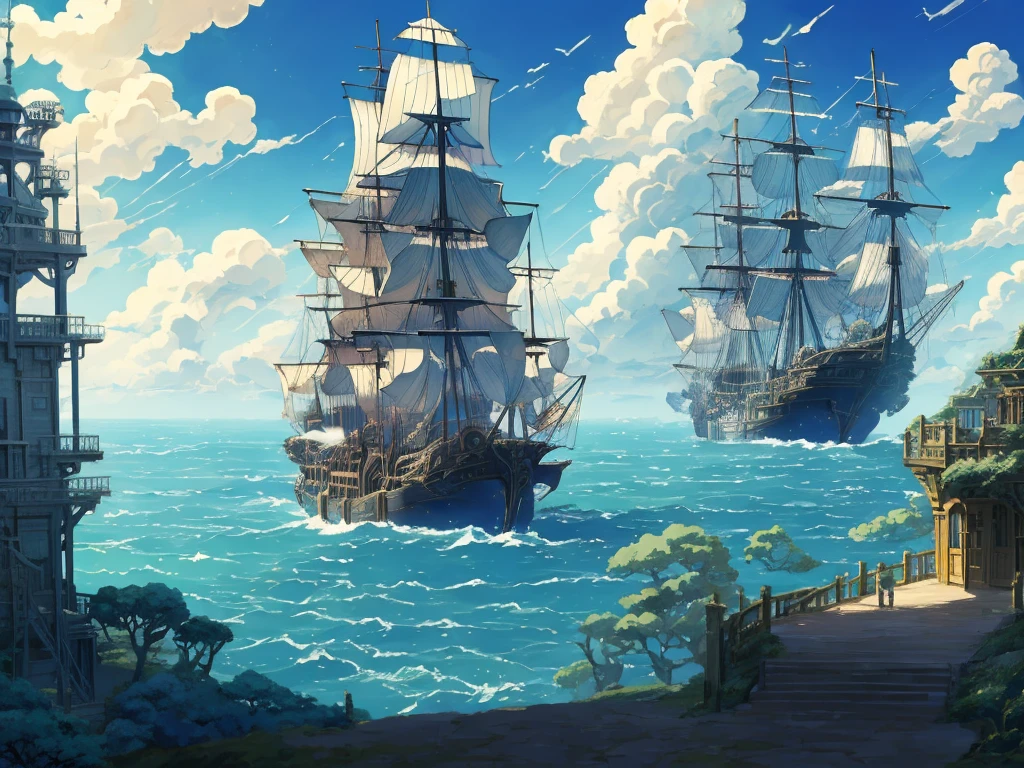 Capture d&#39;écran du DVD du film Studio Ghibli, bel intérieur d&#39;observatoire steampunk en bord de mer, nuages sur ciel bleu, conçu par Hayao Miyazaki, anime rétro