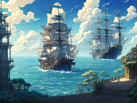 DVD screengrab from studio ghibli movie, beautiful seaside steampunk observatory interior, clouds on blue sky, designed by Hayao...