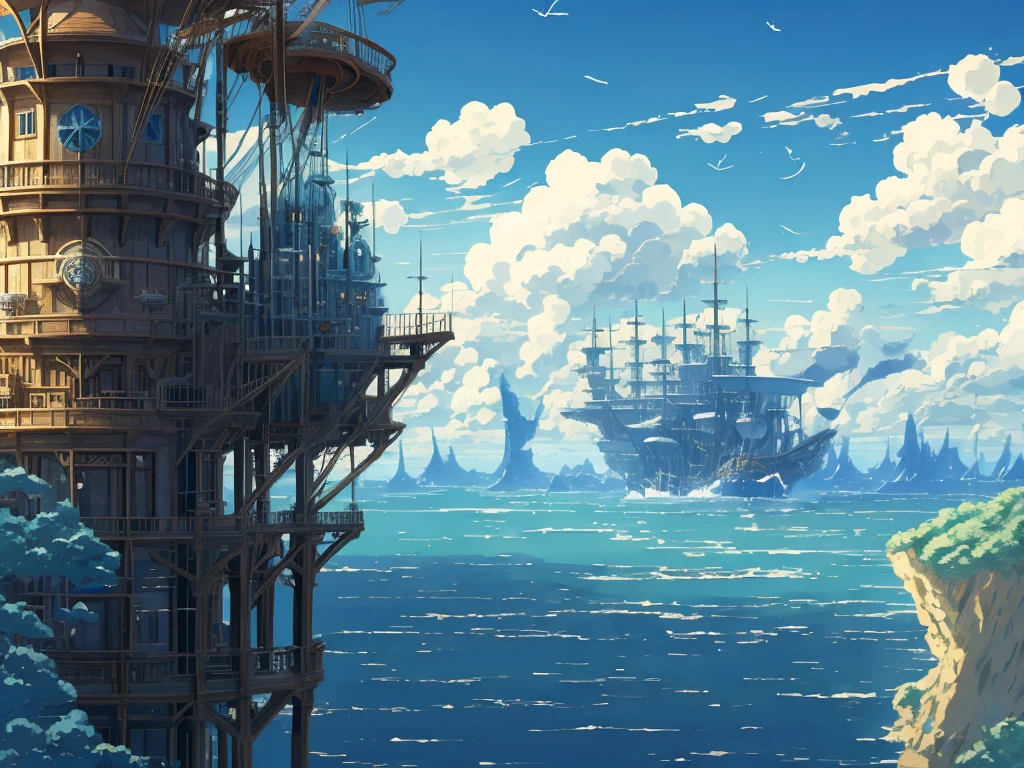 Captura de tela do DVD do filme do Studio Ghibli, lindo interior do observatório steampunk à beira mar, Nuvens no céu azul, desenhado por Hayao Miyazaki, retro anime