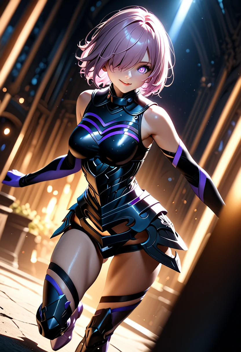 (masterpiece, top quality, best quality, beautiful and aesthetic:1.2), full body, extremely detailed, detailed face and eyes, cinematic light, depth of field, 1girl, seducing smile, solo, official, dark armor, mash kyrielight, light purple hair, short hair, hair over one eye, slim body, cinematic lighting, dramatic lighting, dramatic atmosphere, hyper-realistic, high resolution, stunning contrast, high quality, best quality, 8k, 4k, intricately detailed, (amazing details:1.2), highly detailed skin, powerful presence, vibrant colors, (detailed eyes:1.2), striking eyes, (detailed background), (dynamic angle:1.2), (dynamic pose:1.2)