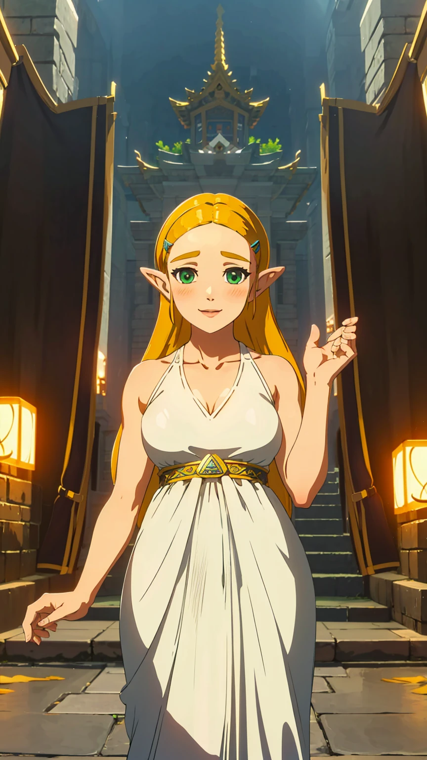 best quality, high resolution, large breasts, blush, smile, cowboy shot, looking at viewer, Zelda, in a temple, Green eyes, White dress