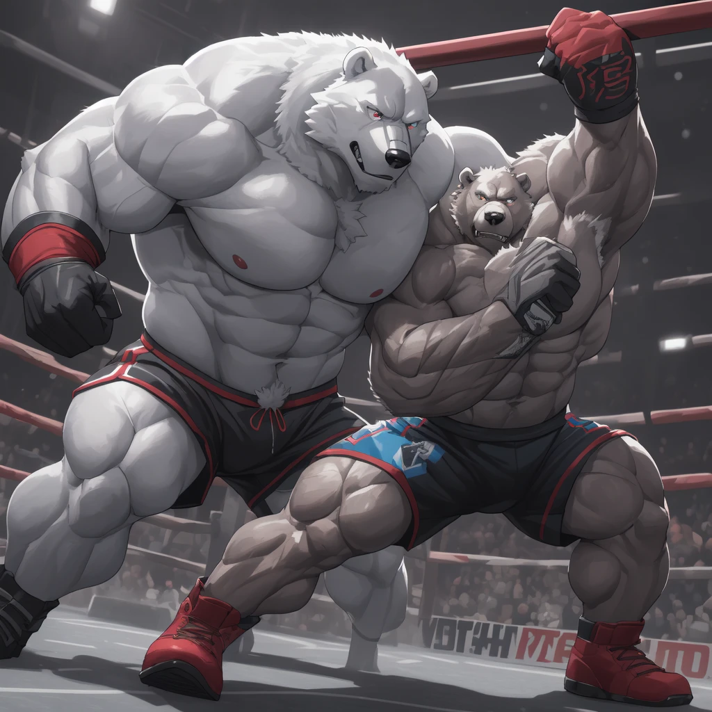 a huge muscular thick white fur polar bear bodybuilder, shirtless in blue mma shorts, blue mma gloves and blue footwear, a muscular timberwolf bodybuilder, shirtless in red mma shorts, red mma gloves and red footwear, at the mma tournament, mma polar bear vs mma wolf challenger, fighting match, hyperrealistic, 8k, photorealistic, detailed musculature, dynamic action pose, cinematic lighting, dramatic shadows, gritty realism, intense expression, raw power, ultra-detailed, vivid colors, masterpiece