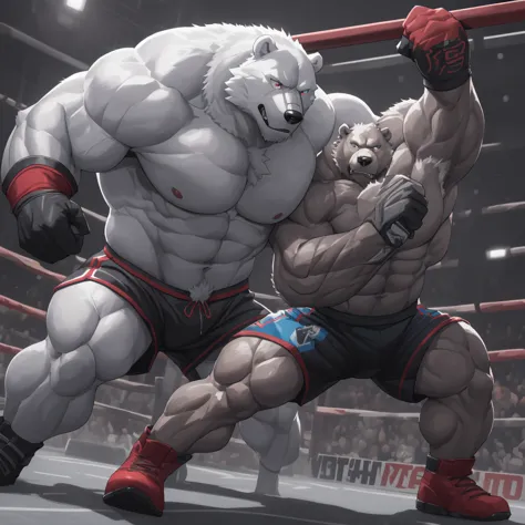 a huge muscular thick white fur polar bear bodybuilder, shirtless in blue mma shorts, blue mma gloves and blue footwear, a muscu...