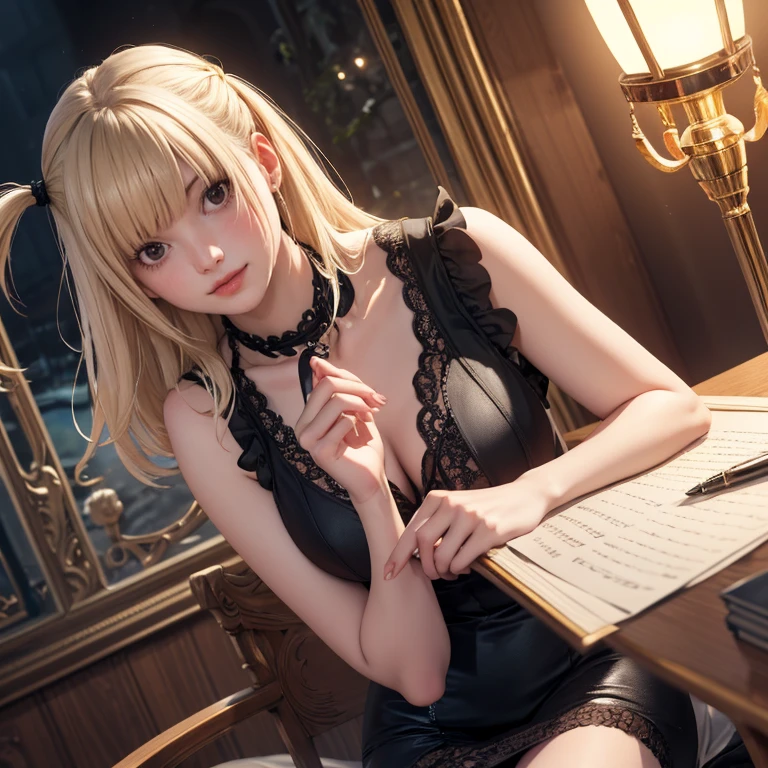 1girl, Misa Amane_(Death Note), centered girl, perfectly body, perfectly hands, holding a black note, black and white roses, ornament hair, twintails, black roses on her hair, blonde hair, long hair, seat on a bed, black dress, candles, lolita dress, gothic architecture, gothic design home, gothic style, gothic dress, more details on her clothes, golden details, night, smiling, a black note on her hand, gothic aesthetic, gothic architecture, black lolita dress