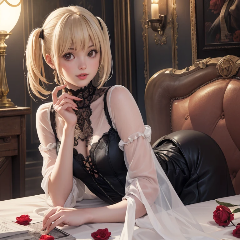 1girl, Misa Amane_(Death Note), centered girl, perfectly body, perfectly hands, holding a black note, black and white roses, ornament hair, twintails, black roses on her hair, blonde hair, long hair, seat on a bed, black dress, candles, lolita dress, gothic architecture, gothic design home, gothic style, gothic dress, more details on her clothes, golden details, night, smiling, a black note on her hand, gothic aesthetic, gothic architecture, black lolita dress