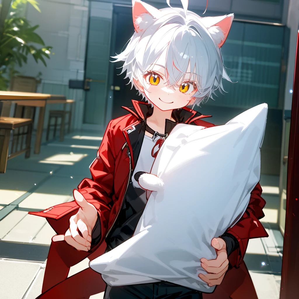 A solo cat boy, With white hair, red eyes, smiling photo pose , wearing jacket, bust up!!!!!!!!!,cute boy