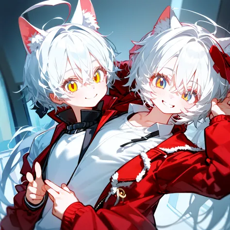 A solo cat boy, With white hair, red eyes, smiling photo pose , wearing jacket, bust up!!!!!!!!!,cute boy