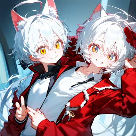 a solo cat boy, with white hair, red eyes, smiling photo pose , wearing jacket, bust up!!!!!!!!!,cute boy