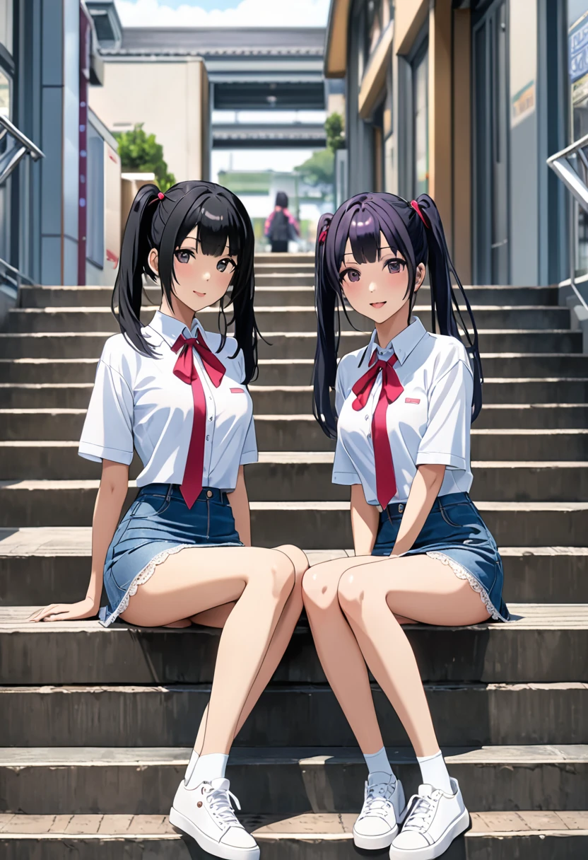 ((Highest quality, masterpiece, freak, Super Resolution)), ２People Girls、Black hair ponytail、Black hair twin tails、ribbon、Sitting on the steps in front of the station、 (Spread your legs)blush、from the front、(Denim tight mini skirt、Ultra mini skirt)、Purple lace panties、 