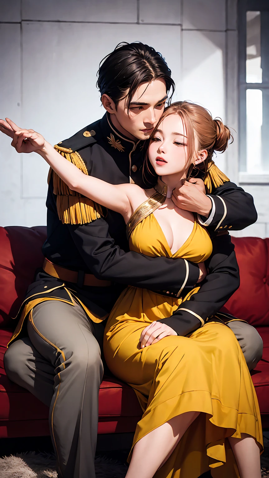 Highest quality、4K quality、Man sitting on sofa、Woman in ancient Roman costume riding man、A man in military uniform hugs a woman&#39;s chest、Man lays hands on woman&#39;between legs、thin、Small face、18-year-old、