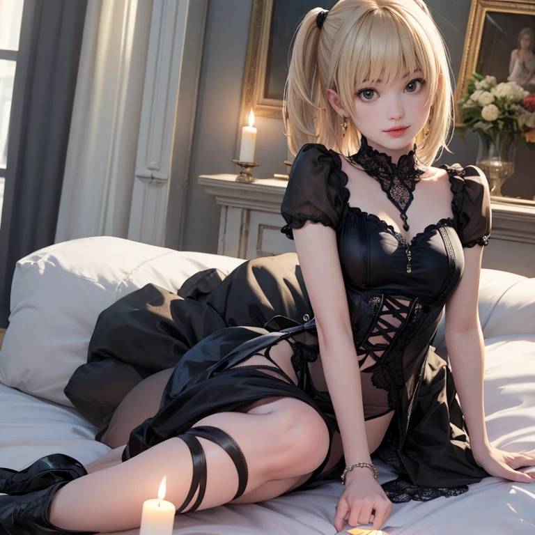 1girl, Misa Amane_(Death Note), centered girl, perfectly body, perfectly hands, holding a black note, black and white roses, ornament hair, twintails, black roses on her hair, blonde hair, long hair, seat on a bed, black dress, candles, lolita dress, gothic architecture, gothic design home, gothic style, gothic dress, more details on her clothes, golden details, night, smiling, a black note on her hand, gothic aesthetic, gothic architecture, black lolita dress, candles, eating a chocolate, black note, silver jewelry, drape clothes, black dress with layers, short skirt, black laces, a black dress with transparency 