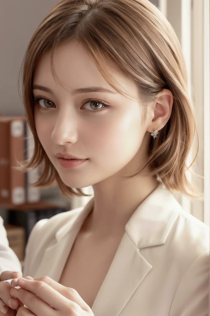 (RAW Photos, Highest quality), (Realistic, photo-Realistic:1.3), masterpiece, Very delicate and beautiful, Very detailed, CG, Unity , 2k wallpaper, wonderful, In detail, A light smile, Very detailed CG Unity 8k wallpaper, Large file size, Very detailedな, High resolution, Absurd, Soft Light, (((Medium Hair:1.3), Short bangs, NovaFrogStyle)), Beautiful detailed girl, Detailed fingers, Very detailed eyes and face, Beautiful and detailed nose, Beautiful details, Long eyelashes, Light on the face, Show Viewer,((Office Suits:1.5)), One Girl, cute, young, Adult face, (whole body:1.3),  Realistic face, Realistic body, Beautiful thigh detail, 