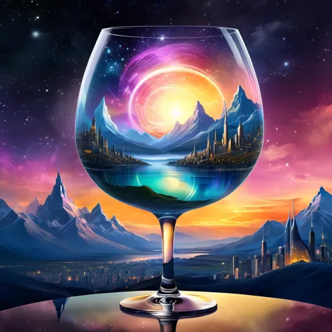 create a celestial scene within a wine glass, featuring a surreal landscape with mountains and an aurora sky. the background inc...