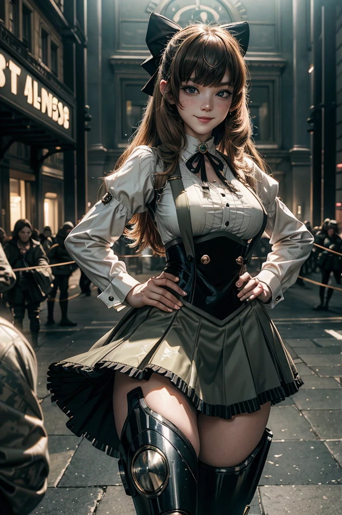 cowboy shot, dynamic pose, smile,  underbust, Penny Polendina, long hair, neck ribbon, suspender skirt, corset, black bow, white blouse, mechanical legs, neon trim, standing outside palace, people arriving for lavish gala, hands on hips, large crowd, (((crowd in military dress))), (volumetric lighting), intricate details, tonemapping, sharp focus, hyper detailed, 

