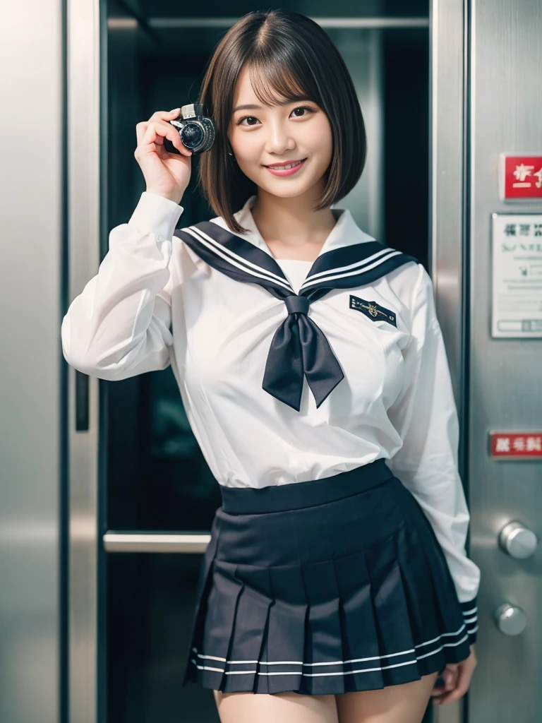 ((In a dimly lit elevator))、lewd smile、(Realistic、Realistic:1.37)、(masterpiece)、(Highest quality:1.4)、(Ultra-high resolution:1.2)、(RAW Photos:1.2)、(Sharp focus:1.3)、(stand:1.2)、elegant、(Ezvian Everywhere:1.2)、(A girl in an elaborate sailor suit and pleated skirt:1.3)、Japanese 、(30-year-old cosplays as a high school girl:1.1)、(smile:1.3)、(Makes hair shine:1.3)、 Brown haired、Bobcut、 Short pleated skirt、
(Big Breasts:1.2),、Beautiful and delicate eyes、 View your audience、(Photographer secretly taking pictures of underwear under a skirt、A woman smiles as she notices this)