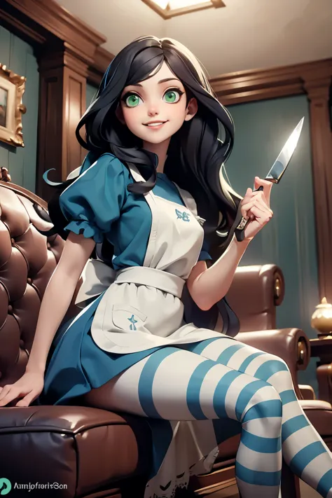 alicemadness,long black hair, green eyes, blue dress, white apron, striped pantyhose, looking at viewer, smiling, teeth, sitting...