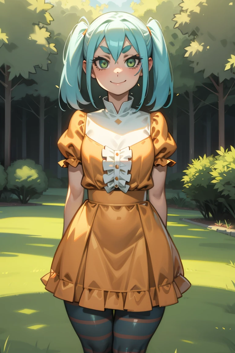 1 girl, standing alone, gazing at viewer,
ononokiyotsugi, water hair, shorth hair, greeneyes, twintails, Thick eyebrows, 
striped pantyhose, blue and gray pantyhose, Clear latex, Vestindo tecidos transparent  (nsfw), highest fabric material, 8k performance of fabric, rendering by physics engine calculations)::1.96. (high qualiy, detailed CG art), (beautiful lighting and shadow, floating effect) ,orange dress, white frills, ha, puff sleeves, manga curta, transparent, degree of transparency 80%) ,he used to smile , adorable face , cowboy shot, About KelvinHiuArt ,flat-colors, ,Contour,
Garden, trees, close up,
unexpressive, cloused mouth,