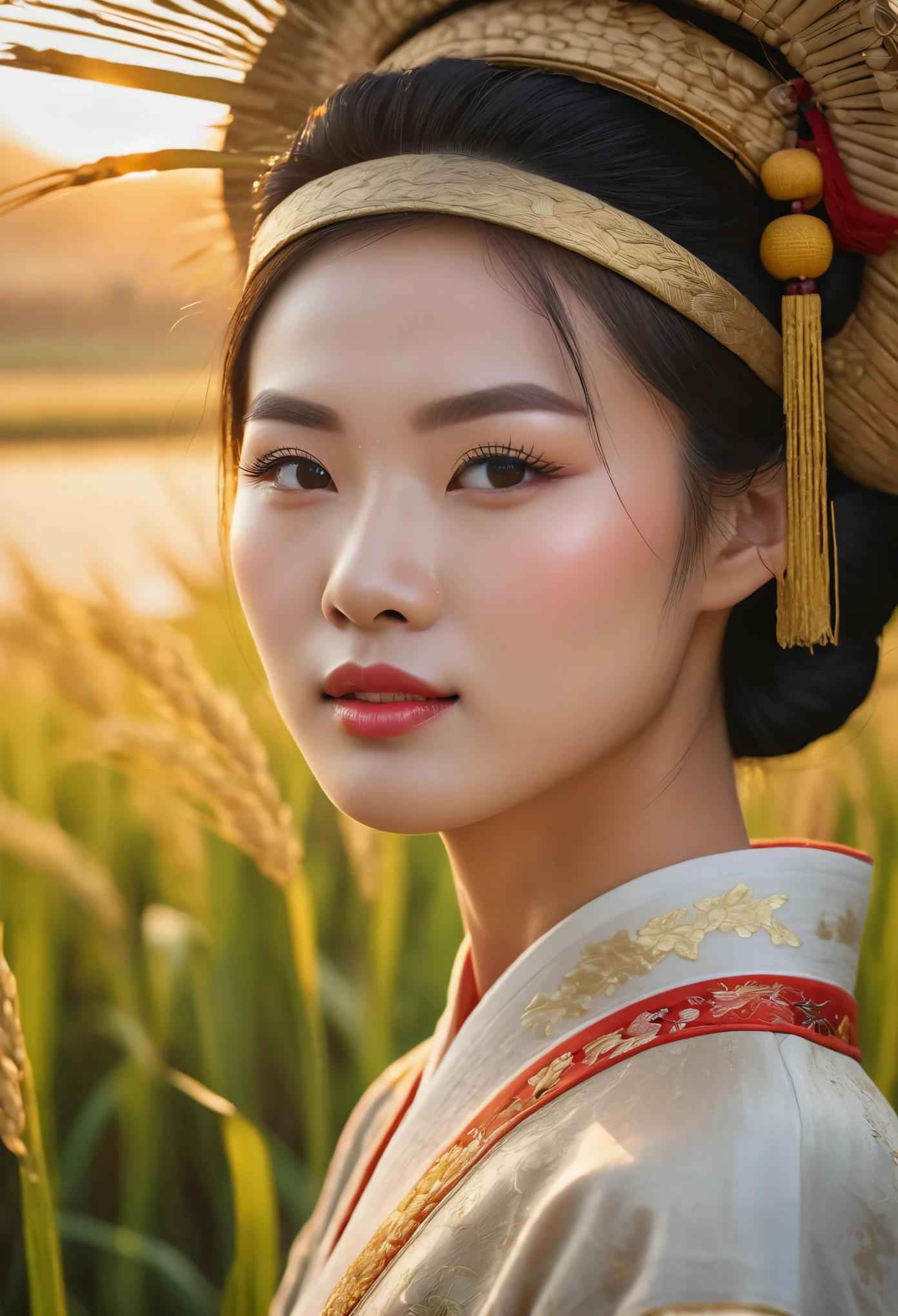 中国稻田上空的美丽日出, 中国农民收割水稻, 美丽细致的眼睛, 美丽细致的嘴唇, 极其细致的眼睛和脸部, 长长的睫毛, 中国传统服饰, 宁静的乡村风景, 黄金时段照明, 暖色调, 柔焦, 真实感, 8千, 高分辨率, 杰作, 极其详细, 专业摄影, 鲜艳的色彩, 自然采光, 电影构图
