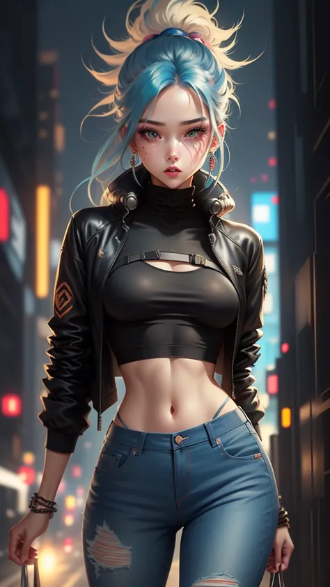 woman walking down the street in a black top and orange pants, roupa estilo cyberpunk, tons de laranja e preto, preto e laranja,...