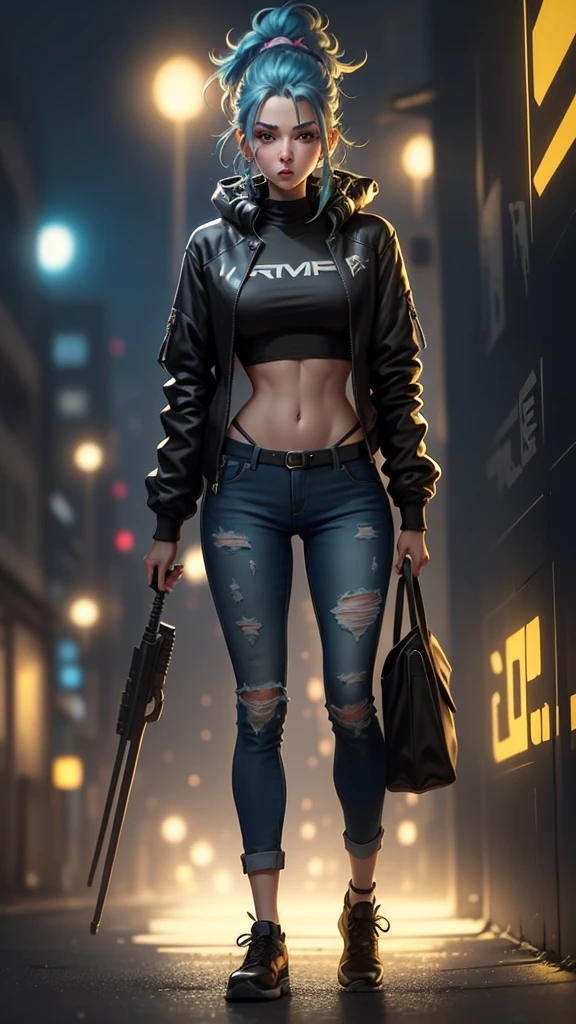 Woman walking down the street in a black top and orange pants, roupa estilo cyberpunk, tons de laranja e preto, preto e laranja, laranja e preto, roupas rasgadas, roupa cyberpunk, roupa LEELOO, olhar, moda cyberpunk, Bonito midriff, roupas de moda cyberpunk, roupas cyberpunk, estilo cool, roupas de moda cyberpunk, ripped jeans, Post - Apocalyptic style