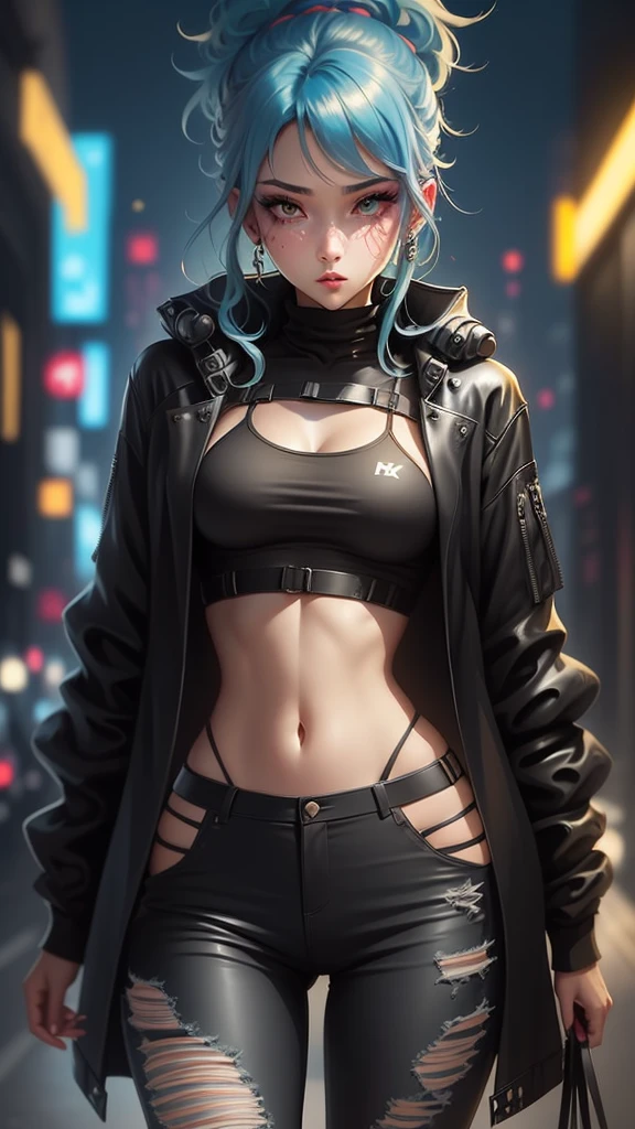 Woman walking down the street in a black top and orange pants, roupa estilo cyberpunk, tons de laranja e preto, preto e laranja, laranja e preto, roupas rasgadas, roupa cyberpunk, roupa LEELOO, olhar, moda cyberpunk, Bonito midriff, roupas de moda cyberpunk, roupas cyberpunk, estilo cool, roupas de moda cyberpunk, ripped jeans, Post - Apocalyptic style