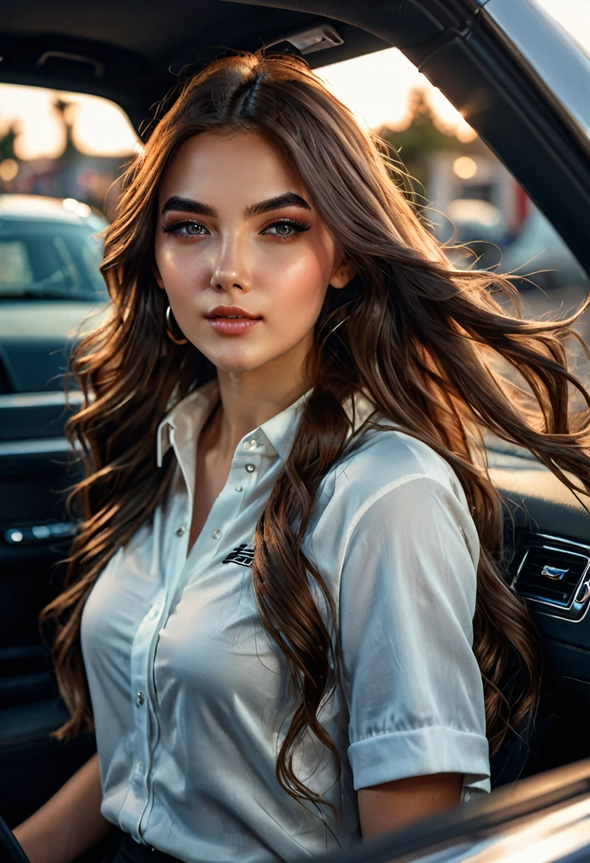 (20 year old woman in a car, long brown hair, sporty body, beautiful detailed eyes, beautiful detailed lips, extremely detailed face and features, long eyelashes, elegant woman, graceful pose, soft warm lighting, cinematic lighting, intricate detailed clothing, highly detailed environment, photorealistic, 8k, hyper detailed, masterpiece, cinematic, digital art, concept art)