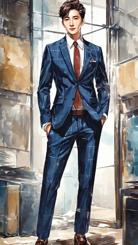 an illustration、a handsome man in a cool suit、good at work