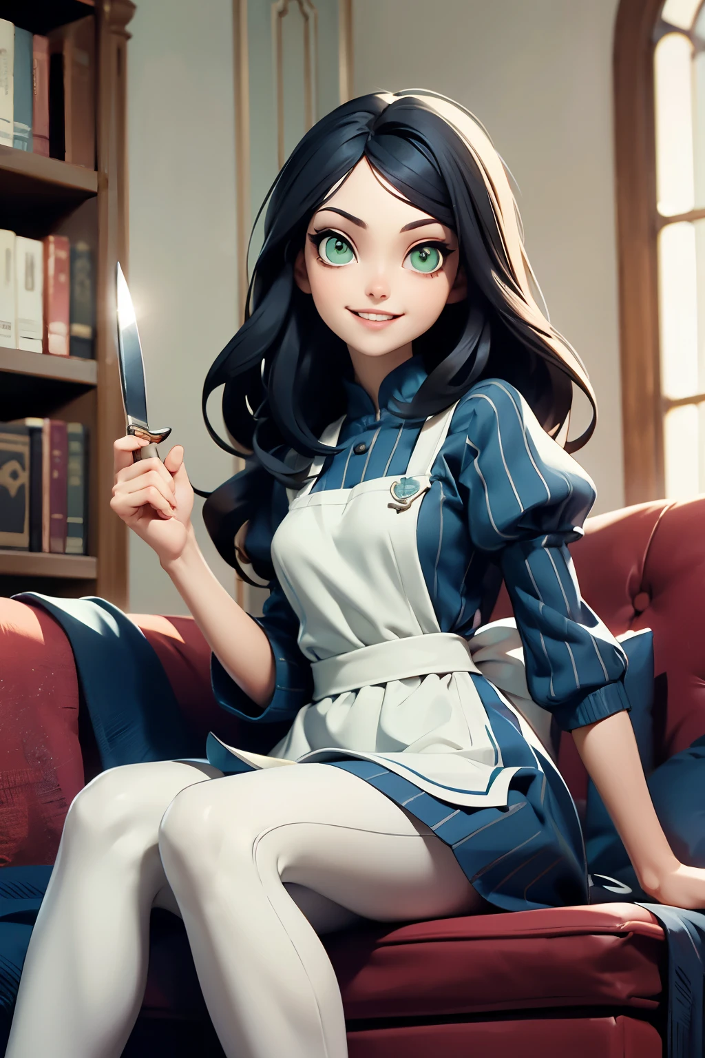 AliceMadness,long black hair, green eyes, blue dress, white apron, striped pantyhose, looking at viewer, smiling, teeth, sitting, on sofa, legs crossed, holding a knife, inside cozy living room, playful ambiance, high quality, masterpiece 