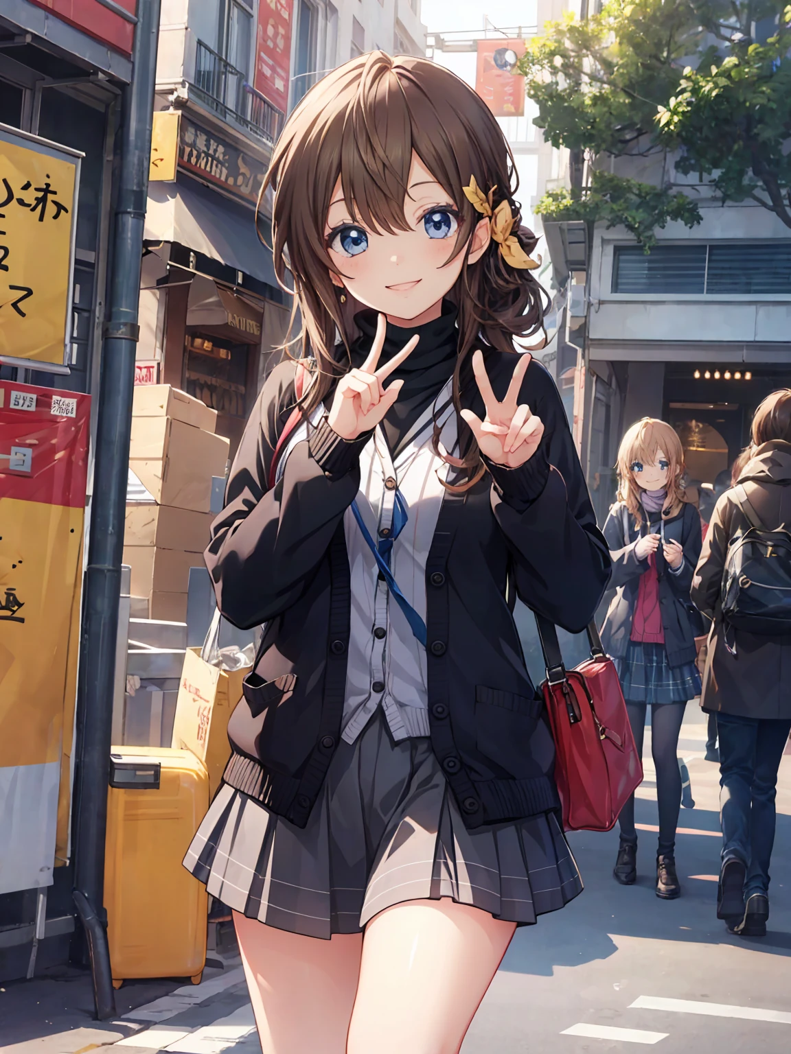 Smile,best Smile,double Peace,cardigan,miniskirt,masterpiece,best quality,ultra detailed,high resolution,extremely detailed CG, (perfect hand),