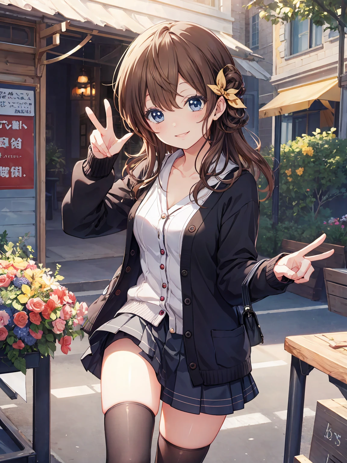 Smile,best Smile,double Peace,cardigan,miniskirt,masterpiece,best quality,ultra detailed,high resolution,extremely detailed CG, (perfect hand),