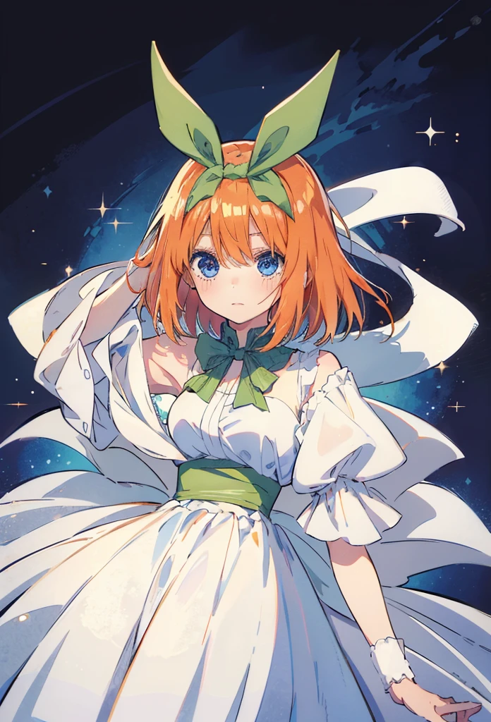 Yotsuba nakano, dancing in the moonlight, dynamic pose, moonlight background, full body, dancing girl, pretty flowing dress, wind, sweet dreamy face, (Old anime, vintage anime, 90's anime style, naoko takeuchi style, masterpiece、top-quality, Official art、Beautifully Aesthetic:1.2)、(a beauty girl:1.3)、vivid colours、colourful, magical photography, dramatic lighting, intricate details, (1 girl, solo, alone), , sfw, nakano_yotsuba, blue eyes, indigo eyes, aayotsuba, sparkling blue eyes, sfw, pretty teenage girl with shoulder length orange hair, hair ribbon, green ribbon, heart shaped lips and blue eyes making a cute face, blushing, aayotsuba, Nakano yotsuba from The Quintessential Quintuplets, yotsuba Nakano, masterpiece, 4k, ultradetailed, cowboy shot, shoulder lenght orange hair,, blushing,, blue eyes, innocent, pure, kawaii, tender, lovely, cheery, cute