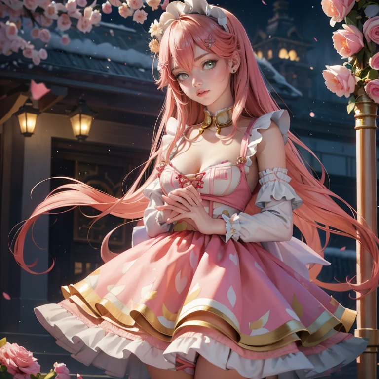 1girl, long hair, pink hair, long flowing hair, floating hair, ornament hair, perfectly body, perfectly hands, rose on hair, Looking at the audience, flowing hair, Beautiful Eyes, Plump and glossy lips, maid, maid dress, maid headdress, white headdress, maid apron, white apron, dress with too many frills, pink dress, pink laces, white Short skirt, skirt with layers, small skirt, skirt with layers, Drape clothes, orange gem, Lace trim, classical garden, luxury gold details, gold jewelry, more details, best quality, Big sparkling eyes, blushing, Striped Lace Stockings, pink Lolita skirt, sparkle, solo, centered girl, cowboy shot, perfectly body, perfectly hands, two arms, two legs, two hands, five fingers, perfect anatomy, glowing hair, pink roses, on the garden, sparkles, more details on her clothes, dress with transparency, golden details on her dress, night, lanterns, ((4k, masterpiece, top-quality)), 8k, best quality, high resolution, UHD, (illustration:0.8), super cute girl, delicate and beautiful face, mature girl, super cute hairstyle, (beautiful detailed eyes:1.6), extremely detailed face, perfect lighting, extremely detailed CG, (perfect hands, perfect anatomy), Best quality, cleavage