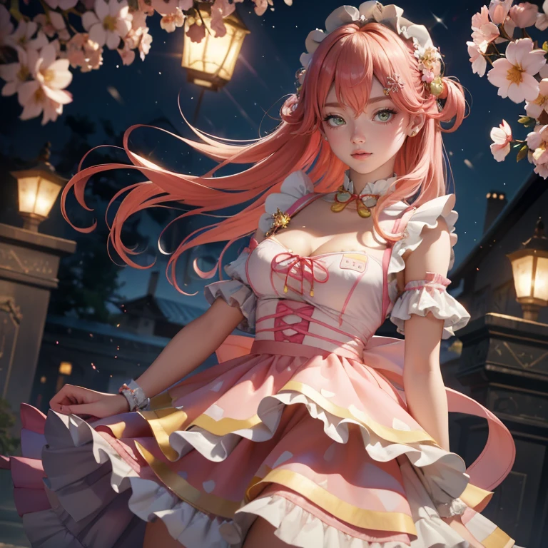 1girl, long hair, pink hair, long flowing hair, floating hair, ornament hair, perfectly body, perfectly hands, rose on hair, Looking at the audience, flowing hair, Beautiful Eyes, Plump and glossy lips, maid, maid dress, maid headdress, white headdress, maid apron, white apron, dress with too many frills, pink dress, pink laces, white Short skirt, skirt with layers, small skirt, skirt with layers, Drape clothes, orange gem, Lace trim, classical garden, luxury gold details, gold jewelry, more details, best quality, Big sparkling eyes, blushing, Striped Lace Stockings, pink Lolita skirt, sparkle, solo, centered girl, cowboy shot, perfectly body, perfectly hands, two arms, two legs, two hands, five fingers, perfect anatomy, glowing hair, pink roses, on the garden, sparkles, more details on her clothes, dress with transparency, golden details on her dress, night, lanterns, ((4k, masterpiece, top-quality)), 8k, best quality, high resolution, UHD, (illustration:0.8), super cute girl, delicate and beautiful face, mature girl, super cute hairstyle, (beautiful detailed eyes:1.6), extremely detailed face, perfect lighting, extremely detailed CG, (perfect hands, perfect anatomy), Best quality, cleavage