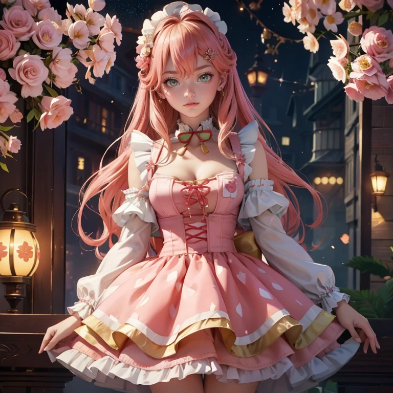 1girl, long hair, pink hair, long flowing hair, floating hair, ornament hair, perfectly body, perfectly hands, rose on hair, Looking at the audience, flowing hair, Beautiful Eyes, Plump and glossy lips, maid, maid dress, maid headdress, white headdress, maid apron, white apron, dress with too many frills, pink dress, pink laces, white Short skirt, skirt with layers, small skirt, skirt with layers, Drape clothes, orange gem, Lace trim, classical garden, luxury gold details, gold jewelry, more details, best quality, Big sparkling eyes, blushing, Striped Lace Stockings, pink Lolita skirt, sparkle, solo, centered girl, cowboy shot, perfectly body, perfectly hands, two arms, two legs, two hands, five fingers, perfect anatomy, glowing hair, pink roses, on the garden, sparkles, more details on her clothes, dress with transparency, golden details on her dress, night, lanterns, ((4k, masterpiece, top-quality)), 8k, best quality, high resolution, UHD, (illustration:0.8), super cute girl, delicate and beautiful face, mature girl, super cute hairstyle, (beautiful detailed eyes:1.6), extremely detailed face, perfect lighting, extremely detailed CG, (perfect hands, perfect anatomy), Best quality, cleavage