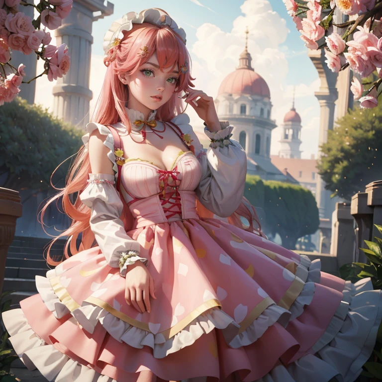 1girl, long hair, pink hair, long flowing hair, floating hair, ornament hair, perfectly body, perfectly hands, rose on hair, Looking at the audience, flowing hair, Beautiful Eyes, Plump and glossy lips, maid, maid dress, maid headdress, white headdress, maid apron, white apron, dress with too many frills, pink dress, pink laces, white Short skirt, skirt with layers, small skirt, skirt with layers, Drape clothes, orange gem, Lace trim, classical garden, luxury gold details, gold jewelry, more details, best quality, Big sparkling eyes, blushing, Striped Lace Stockings, pink Lolita skirt, sparkle, solo, centered girl, cowboy shot, perfectly body, perfectly hands, two arms, two legs, two hands, five fingers, perfect anatomy, glowing hair, pink roses, on the garden, sparkles, more details on her clothes, dress with transparency, golden details on her dress, night, lanterns, ((4k, masterpiece, top-quality)), 8k, best quality, high resolution, UHD, (illustration:0.8), super cute girl, delicate and beautiful face, mature girl, super cute hairstyle, (beautiful detailed eyes:1.6), extremely detailed face, perfect lighting, extremely detailed CG, (perfect hands, perfect anatomy), Best quality, cleavage