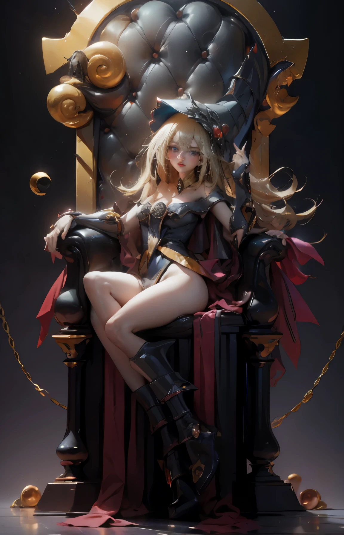 Dark magician gils with black gala dress. She wears red heels, has earrings. Wear necklaces.  Long blonde hair. blue eyes. Red lips. Sensual and subjective pose. She standing next to a golden throne.