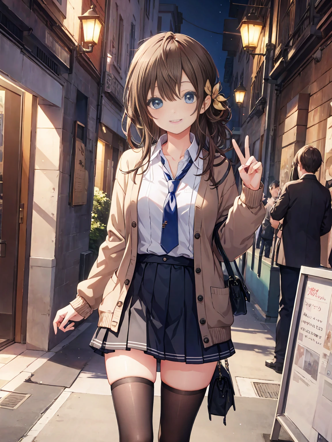 Smile,best Smile,double Peace,cardigan,miniskirt,masterpiece,best quality,ultra detailed,high resolution,extremely detailed CG, (perfect hand),