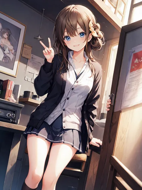 smile,best smile,double peace,cardigan,miniskirt,masterpiece,best quality,ultra detailed,high resolution,extremely detailed cg, ...