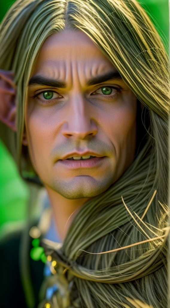 A full-body elf ranger wearing leather armor, his aged green boots show that his adventures are many, he holds his elven lingo bow, her hair is black and her eyes are green, your body is muscular and well balanced, He walks on a shingle in the forest where the trees are green and the ground is covered with grass, behind a tree there is an orc armed with an ax lurking, the orc wears orc armor repeats of spikes, he wears a helmet with horns