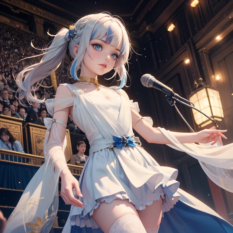 1girl, long hair, long flowing hair, floating hair, ornament hair, perfectly body, perfectly hands, rose on hair, white rose on hair, 1 girl, Looking at the audience, flowing hair, Beautiful Eyes, Plump and glossy lips, Idol, dress with too many frills, white dress, blue laces, white Short skirt, , small skirt, skirt with layers, Drape clothes, blue gem, Lace trim, bright stage, luxury gold details, gold jewelry, more details, best quality, Big sparkling eyes, blushing, Striped Lace Stockings, white Lolita skirt, sparkle, solo, centered girl, cowboy shot, perfectly body, perfectly hands, two arms, two legs, two hands, five fingers, perfect anatomy, glowing hair, white roses, on the stage, sparkles, more details on her clothes, dress with transparency, golden details on her dress, night, holding a microphone, ((4k, masterpiece, top-quality)), 8k, best quality, high resolution, UHD, (illustration:0.8), super cute girl, delicate and beautiful face, mature girl, super cute hairstyle, (beautiful detailed eyes:1.6), extremely detailed face, perfect lighting, extremely detailed CG, (perfect hands, perfect anatomy), Best quality, cleavage