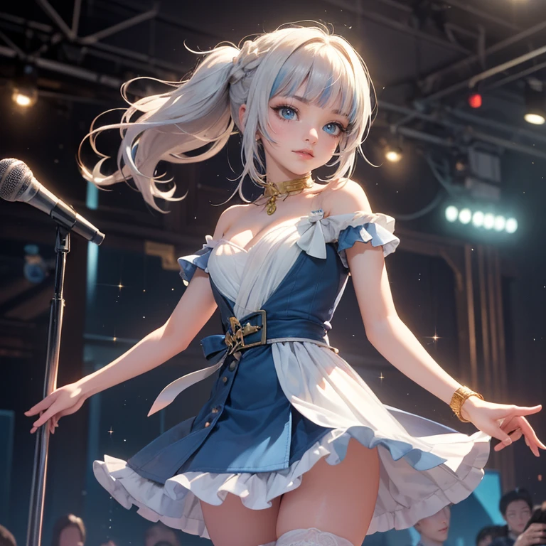 1girl, long hair, long flowing hair, floating hair, ornament hair, perfectly body, perfectly hands, rose on hair, white rose on hair, 1 girl, Looking at the audience, flowing hair, Beautiful Eyes, Plump and glossy lips, Idol, dress with too many frills, white dress, blue laces, white Short skirt, , small skirt, skirt with layers, Drape clothes, blue gem, Lace trim, bright stage, luxury gold details, gold jewelry, more details, best quality, Big sparkling eyes, blushing, Striped Lace Stockings, white Lolita skirt, sparkle, solo, centered girl, cowboy shot, perfectly body, perfectly hands, two arms, two legs, two hands, five fingers, perfect anatomy, glowing hair, white roses, on the stage, sparkles, more details on her clothes, dress with transparency, golden details on her dress, night, holding a microphone, ((4k, masterpiece, top-quality)), 8k, best quality, high resolution, UHD, (illustration:0.8), super cute girl, delicate and beautiful face, mature girl, super cute hairstyle, (beautiful detailed eyes:1.6), extremely detailed face, perfect lighting, extremely detailed CG, (perfect hands, perfect anatomy), Best quality, cleavage