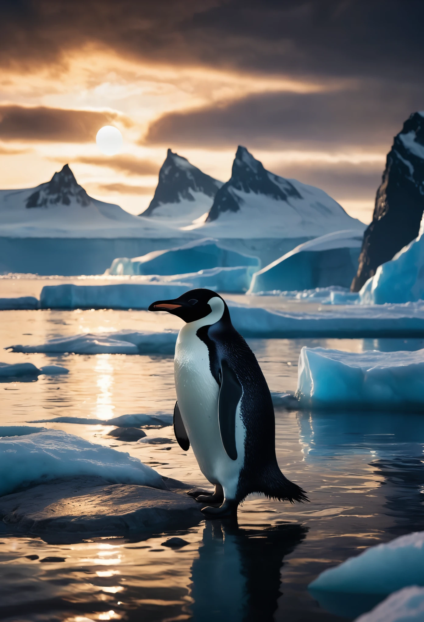 A beautiful dawn in Antarctica with penguins, cinematic lighting, stunning landscape, Serene atmosphere, detailed penguins, glowing sky, dramatic clouds, snow covered mountains, crystal clear water, Photorealistic, digital art, Concept Art, hyperdetailed, (Best Quality,4k,8k,high resolution,Masterpiece:1.2),ultra detailed,sharp focus,(realist,photorealist,photo-realist:1.37),extremely fine details,intricate details,intense lighting,dramatic lighting,changing lighting,cinematic lighting,chiaroscuro lighting,dramatic shadows,dramatic moments,vivid colors,intense colours,Deep contrast,cinematic depth of field,cinematographic composition,cinematic camera angle