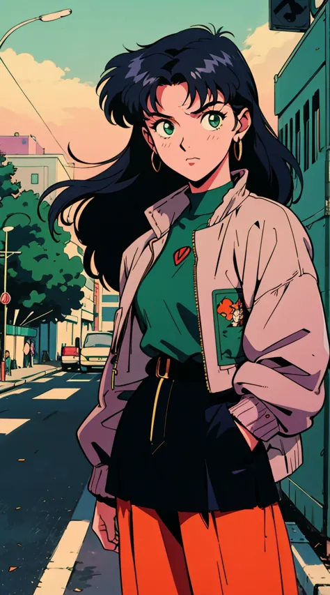 Best image quality, 90s style anime, 21 year old girl, Misato Katsuragi Style, Black Hair, Long Hair, Bright green eyes, Wear 90...