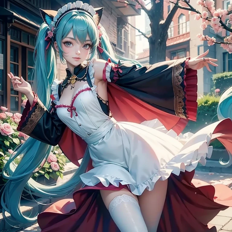 Hatsune Miku, lange Haare, Aqua-Haar, Zwillingsschwänze, Katzenohren, Tierohren, langes wallendes Haar, schwebendes Haar, Ornament Haar, perfekter Körper, perfekte Hände, dunkelrosa Rose im Haar, Dienstmädchen, Dienstmädchen dress, Dienstmädchen headdress, Dienstmädchen apron, Weiße Schürze, auf der Straße, Blütenblätter in der Luft, Blüte Pfirsichbaum, zentriertes Mädchen, Dienstmädchen dress, Schwarzes Kleid, mehr Details zu ihrer Kleidung, Kleid mit Transparenz, golden details, Tageslicht, lächelnd, Kap, ((4k, Meisterwerk, Top Qualität)),8k, beste Qualität, Hohe Auflösung, HD, (Illustration:0.8), Super süßes Mädchen, Zartes und schönes Gesicht, 1 Mädchen, Allein, Reifes Mädchen, super süße Frisur, (Schöne, detaillierte Augen:1.6), extrem detailliertes Gesicht, Perfekte Beleuchtung, extrem detaillierte CG, (perfekte Hände, Perfekte Anatomie), beste Qualität, Dekollete, kleiner Rock, Ganzkörper,