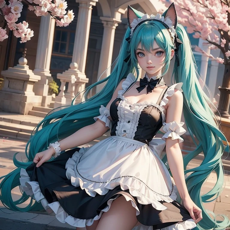 Hatsune Miku, cabelo longo, Cabelo Aqua, twintails, orelhas de gato, orelhas de animais, cabelo longo e esvoaçante, cabelo flutuante, ornament hair, perfeitamente corpo, perfeitamente mãos, rosa rosa escuro no cabelo, empregada doméstica, empregada doméstica dress, empregada doméstica headdress, empregada doméstica apron, avental branco, na rua, pétalas no ar, flor de pessegueiro, garota centrada, empregada doméstica dress, vestido preto, mais detalhes sobre suas roupas, Vista-se com transparência, detalhes dourados, luz do dia, sorridente, cape, ((4K, obra de arte, qualidade máxima)),8K, melhor qualidade, Alta resolução, alta definição, (ilustração:0.8), Garota super fofa, Rosto delicado e lindo, 1 garota, Sozinho, menina madura, penteado super fofo, (lindos olhos detalhados:1.6), rosto extremamente detalhado, iluminação perfeita, CG extremamente detalhado, (mãos perfeitas, anatomia perfeita), melhor qualidade, decote, saia pequena, corpo todo,