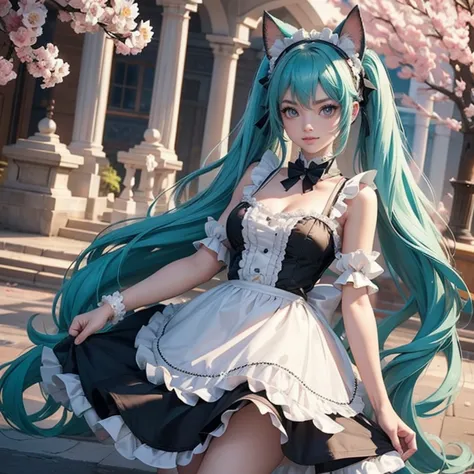 Hatsune Miku, long hair, aqua hair, twintails, cat ears, animal ears, long flowing hair, floating hair, ornament hair, perfectly...