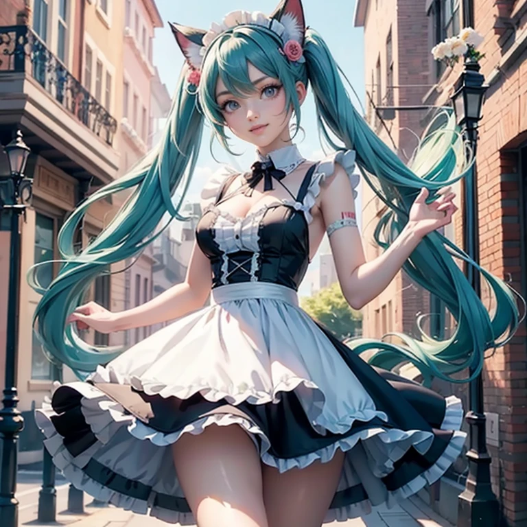 Hatsune Miku, lange Haare, Aqua-Haar, Zwillingsschwänze, Katzenohren, Tierohren, langes wallendes Haar, schwebendes Haar, Ornament Haar, perfekter Körper, perfekte Hände, dunkelrosa Rose im Haar, Dienstmädchen, Dienstmädchen dress, Dienstmädchen headdress, Dienstmädchen apron, Weiße Schürze, auf der Straße, Blütenblätter in der Luft, Blüte Pfirsichbaum, zentriertes Mädchen, Dienstmädchen dress, Schwarzes Kleid, mehr Details zu ihrer Kleidung, Kleid mit Transparenz, golden details, Tageslicht, lächelnd, Kap, ((4k, Meisterwerk, Top Qualität)),8k, beste Qualität, Hohe Auflösung, HD, (Illustration:0.8), Super süßes Mädchen, Zartes und schönes Gesicht, 1 Mädchen, Allein, Reifes Mädchen, super süße Frisur, (Schöne, detaillierte Augen:1.6), extrem detailliertes Gesicht, Perfekte Beleuchtung, extrem detaillierte CG, (perfekte Hände, Perfekte Anatomie), beste Qualität, Dekollete, kleiner Rock, Ganzkörper,