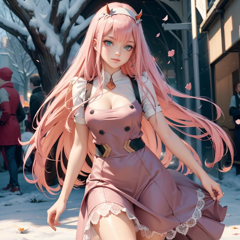 Zero Two, long hair, pink hair, red horns, long flowing hair, floating hair, ornament hair, perfectly body, perfectly hands, dark pink rose on hair, maid, maid dress, maid headdress, maid apron, white apron, on street, petals in the air, blossom peach tree, centered girl, maid dress, red dress, more details on her clothes, dress with transparency, golden details, daylight, smiling, cape, ((4k, masterpiece, top-quality)),8k, best quality, high resolution, HD, (illustration:0.8), super cute girl, delicate and beautiful face, 1girl, solo, mature girl, super cute hairstyle, (beautiful detailed eyes:1.6), extremely detailed face, perfect lighting, extremely detailed CG, (perfect hands, perfect anatomy), Best quality, cleavage, small skirt, full Body,